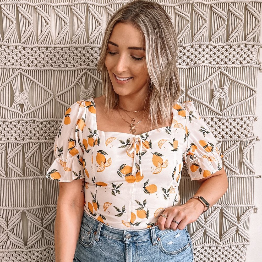Chicwish Lemon Print Puff Sleeve Top, Size M
